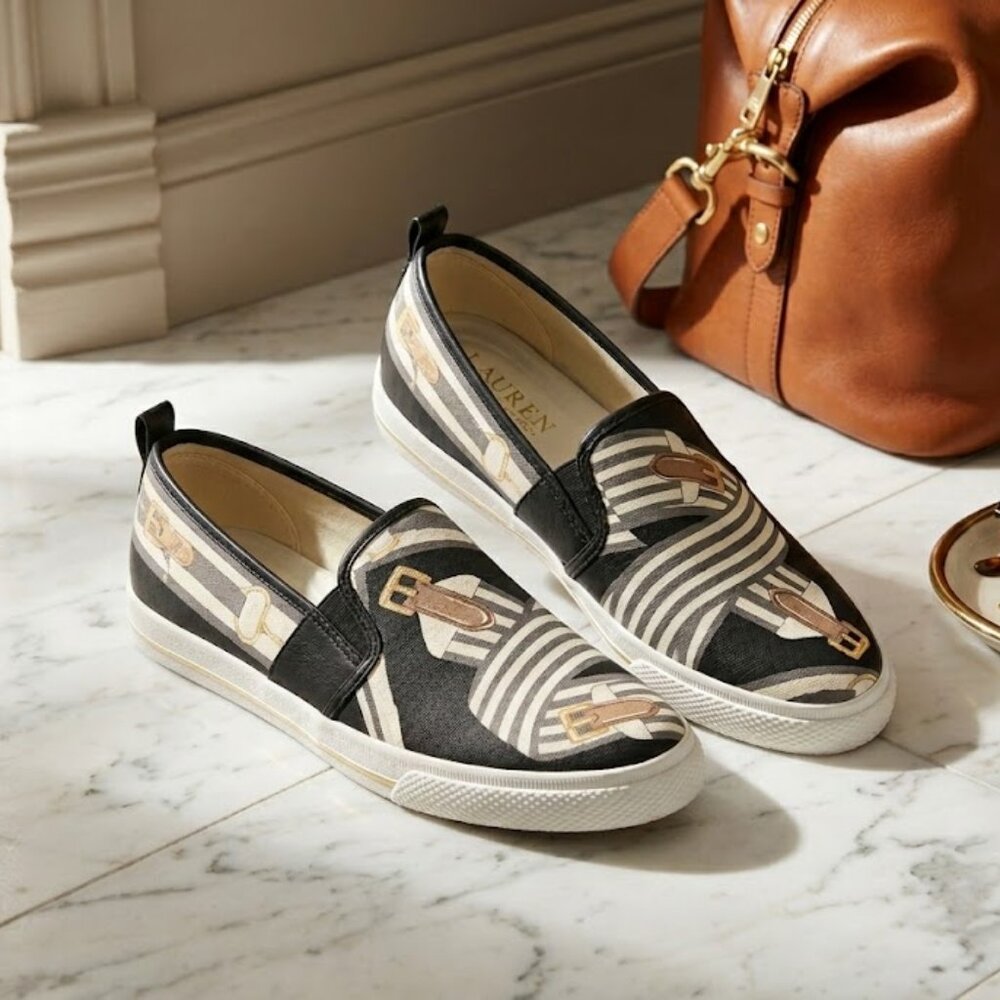 Lauren Ralph Lauren Jinny black Equestrian Logo Inspried Sneaker shoes, sz 8